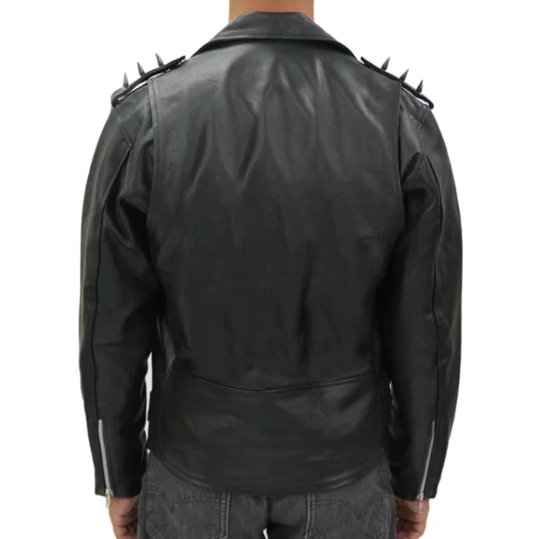 Metal Spikes Black Leather Jacket For Men