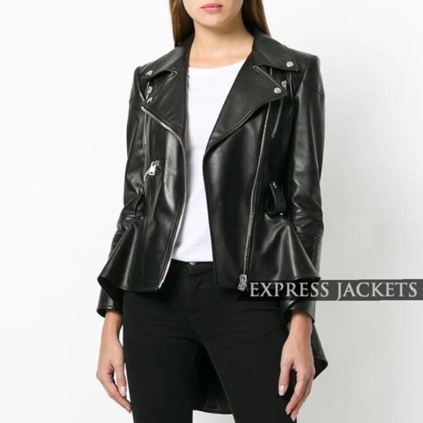 Women's Cowhide Black Peplum Waist Biker Jacket