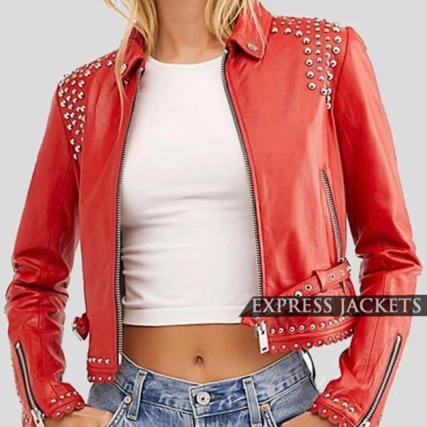 Women's Studded Red Cropped Leather Jacket
