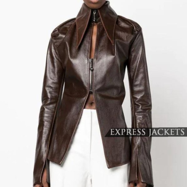 Women's Oversized Pointed Collar Leather Jacket
