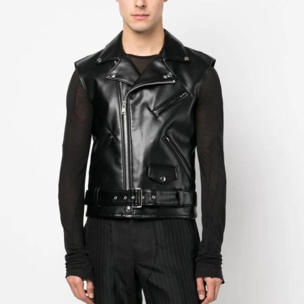 Men's Black Faux Leather Belted Sleeveless Biker Jacket