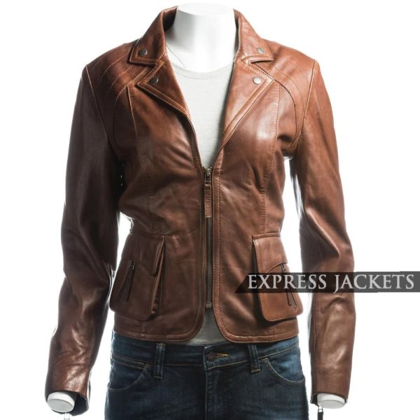 Women's Short Blazer Zipped Leather Jacket