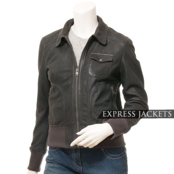 Women's Charcoal Leather Bomber Jacket