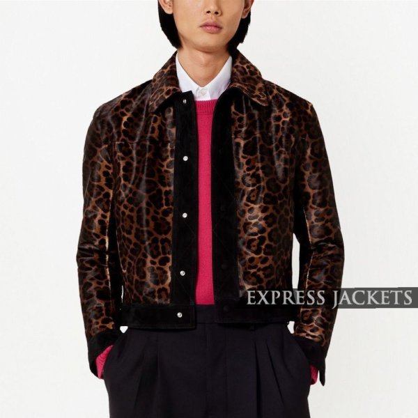 Women's Leopard-Print Cowhide Cropped Jacket