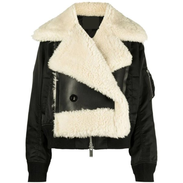 Women's Black / White Wool-Trim Faux-Leather Jacket
