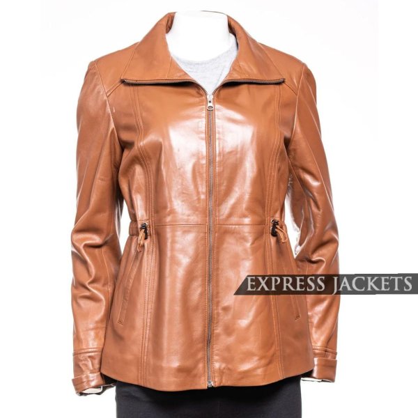 Women's Tan Hip Length Toggle Waist Leather Jacket