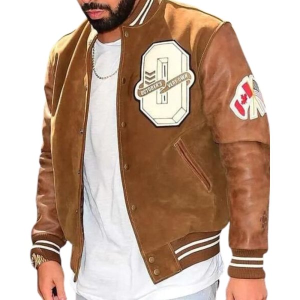 drake-brown-varsity-Leather-jacket