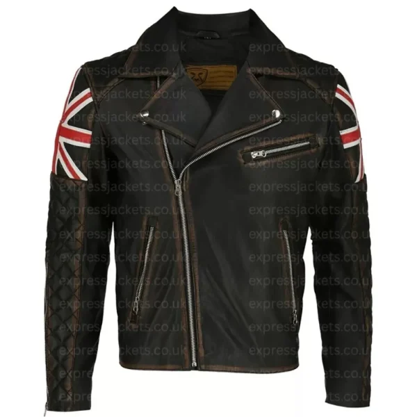 UK Flag Union Jack Brown Distressed Biker Leather Jacket